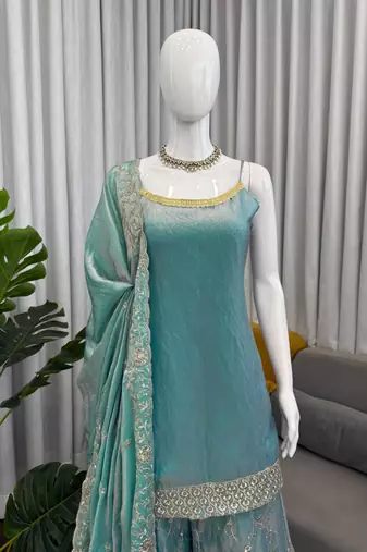 Sea green colour fendy silk palazzo suit with dupatta