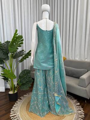 Sea green colour fendy silk palazzo suit with dupatta 4