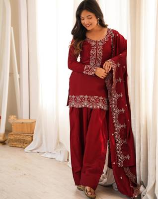 Maroon colour roman silk farshi salwar suit set with dupatta 2