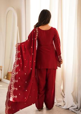 Maroon colour roman silk farshi salwar suit set with dupatta 4