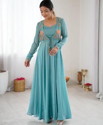 Powder blue colour georgette jacket style gown set with tassel tie-up 1