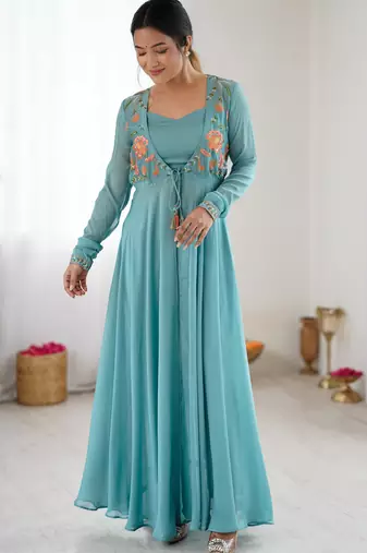 Powder blue colour georgette jacket style gown set with tassel tie-up
