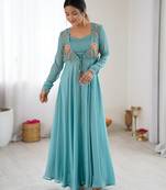 Powder blue colour georgette jacket style gown set with tassel tie-up