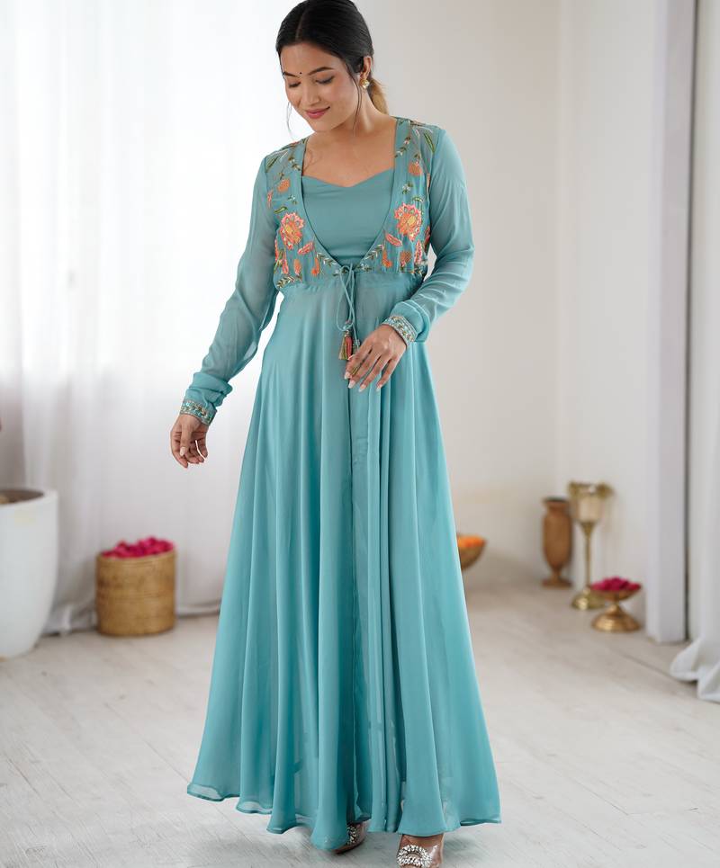 Powder blue colour georgette jacket style gown set with tassel tie-up