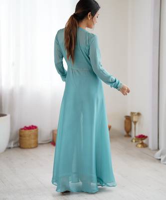 Powder blue colour georgette jacket style gown set with tassel tie-up 3