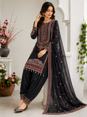 Black Color Embroidery And Sequence Work Silk Blend Salwar Suit 1