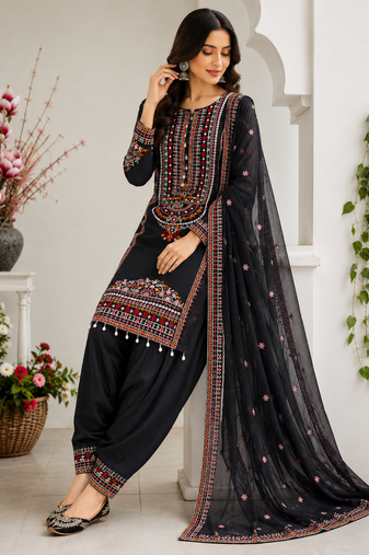 Black Color Embroidery And Sequence Work Silk Blend Salwar Suit