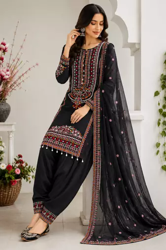 Black Color Embroidery And Sequence Work Silk Blend Salwar Suit