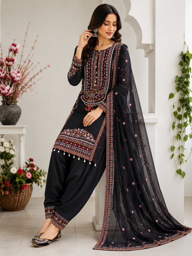 Black Color Embroidery And Sequence Work Silk Blend Salwar Suit