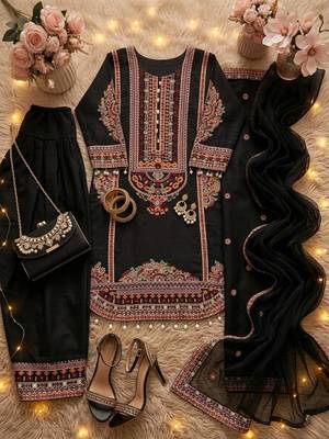 Black Color Embroidery And Sequence Work Silk Blend Salwar Suit 4