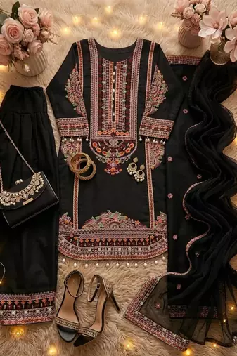 Black Color Embroidery And Sequence Work Silk Blend Salwar Suit