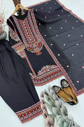 Black Color Embroidery And Sequence Work Silk Blend Salwar Suit
