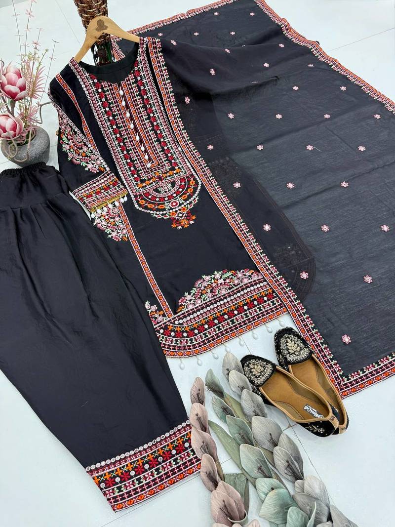 Black Color Embroidery And Sequence Work Silk Blend Salwar Suit