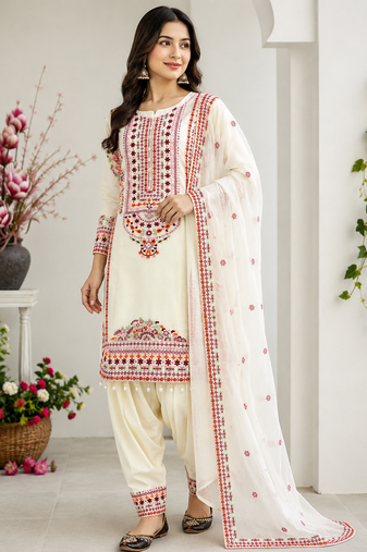 White Color Embroidery And Sequence Work Silk Blend Salwar Suit