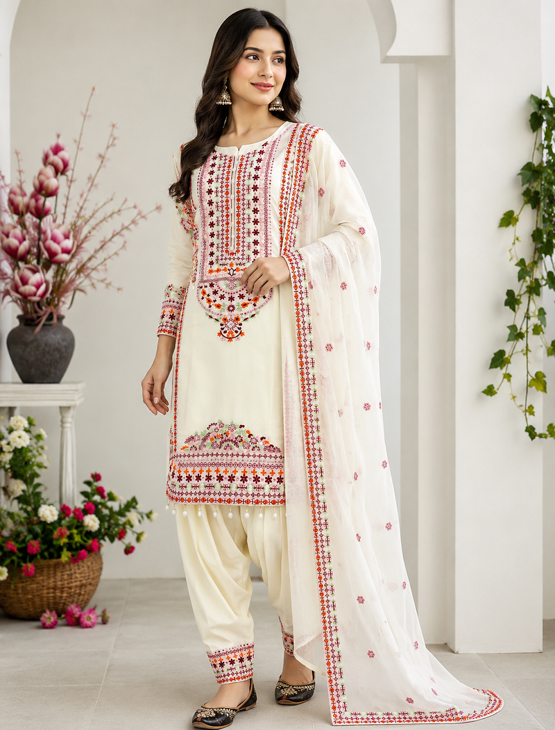 White Color Embroidery And Sequence Work Silk Blend Salwar Suit