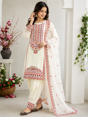 White Color Embroidery And Sequence Work Silk Blend Salwar Suit 2