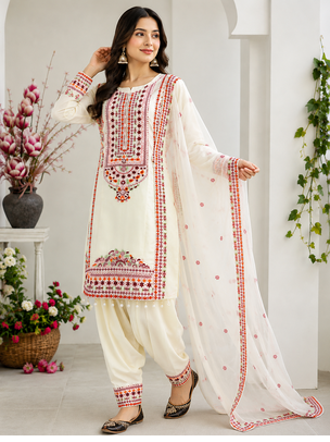 White Color Embroidery And Sequence Work Silk Blend Salwar Suit 3