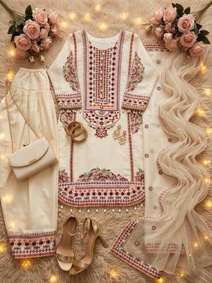 White Color Embroidery And Sequence Work Silk Blend Salwar Suit 5