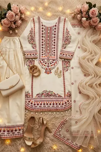 White Color Embroidery And Sequence Work Silk Blend Salwar Suit