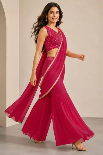 Trendy Pink Pre-Draped Sharara Saree with Sequence Embroidered Stitched Blouse.Perfect for Party, Wedding & Festive Wear