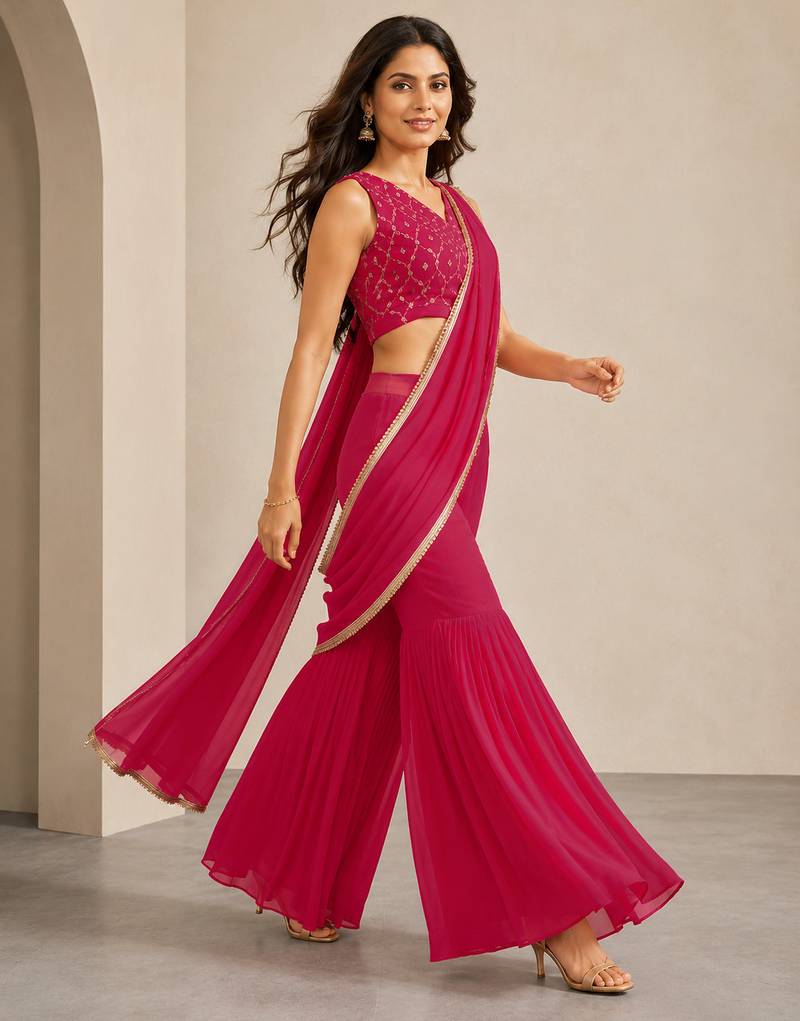 Trendy Pink Pre-Draped Sharara Saree with Sequence Embroidered Stitched Blouse.Perfect for Party, Wedding & Festive Wear