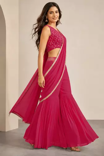 Trendy Pink Pre-Draped Sharara Saree with Sequence Embroidered Stitched Blouse.Perfect for Party, Wedding & Festive Wear
