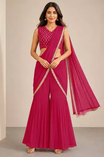 Trendy Pink Pre-Draped Sharara Saree with Sequence Embroidered Stitched Blouse.Perfect for Party, Wedding & Festive Wear