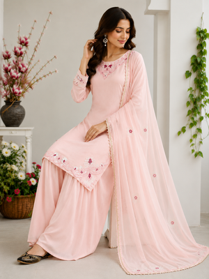Light Pink Color Embroidery Thread Work Silk Blend Salwar suit 1