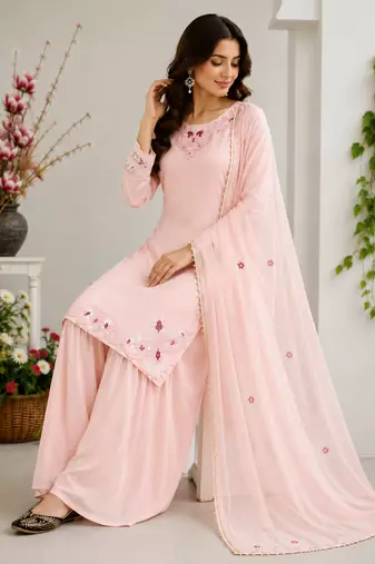 Light Pink Color Embroidery Thread Work Silk Blend Salwar suit