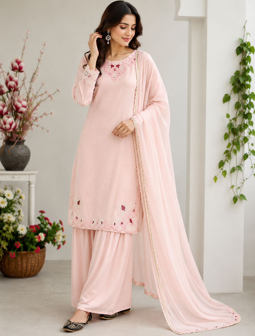 Light Pink Embroidery Thread Work Silk Blend Salwar Suit Stitched