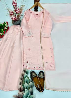 Light Pink Color Embroidery Thread Work Silk Blend Salwar suit 4