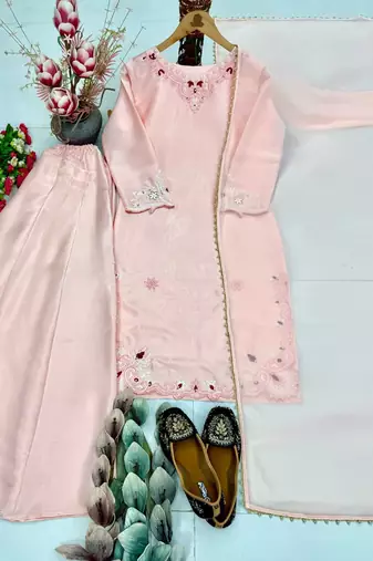 Light Pink Color Embroidery Thread Work Silk Blend Salwar suit