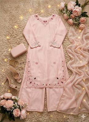 Light Pink Color Embroidery Thread Work Silk Blend Salwar suit 5