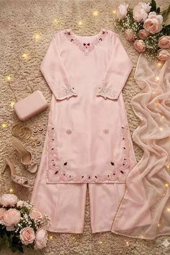 Light Pink Color Embroidery Thread Work Silk Blend Salwar suit