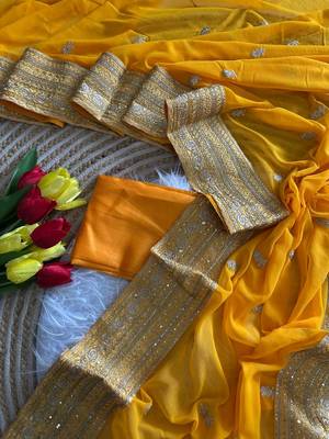 Yellow Color Embroidery Sequins Work Georgette Saree 1