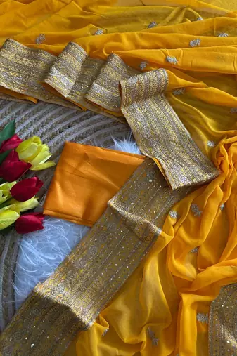Yellow Color Embroidery Sequins Work Georgette Saree