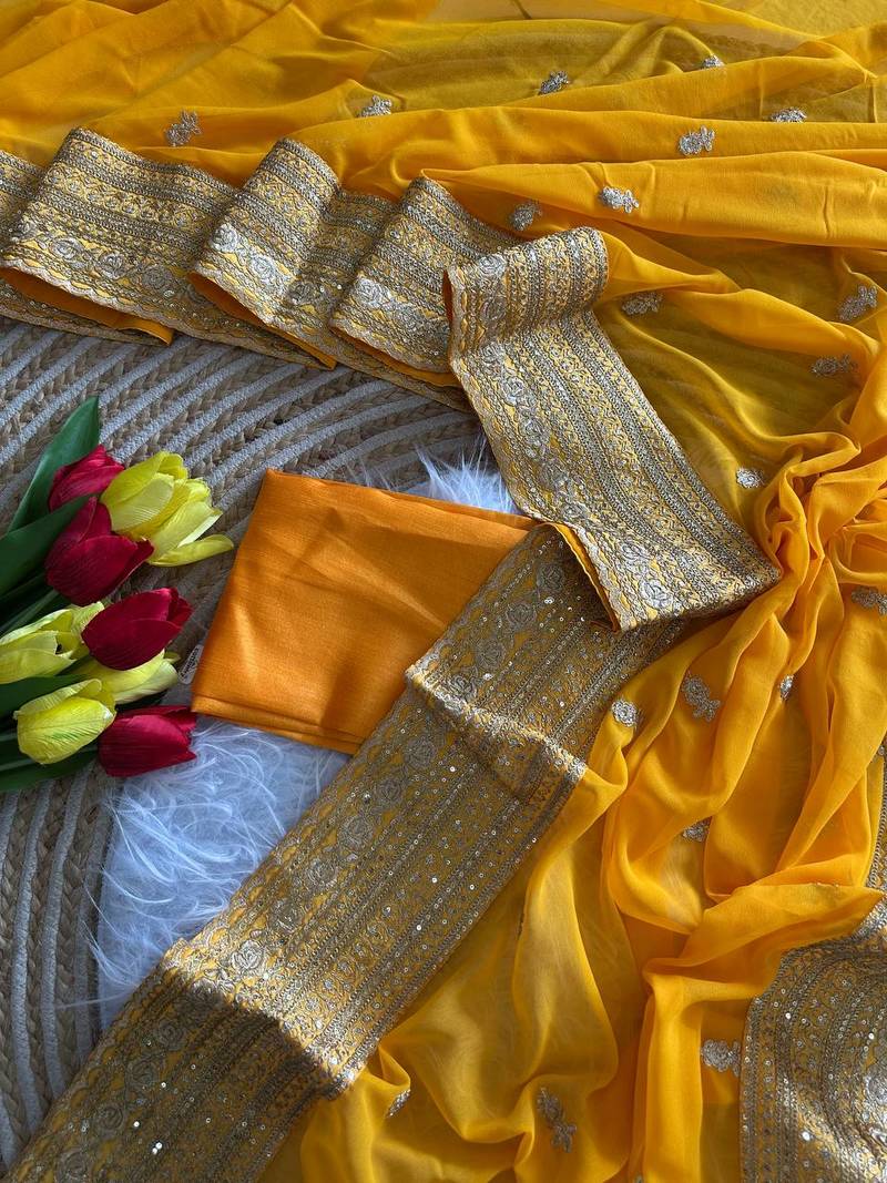Yellow Color Embroidery Sequins Work Georgette Saree