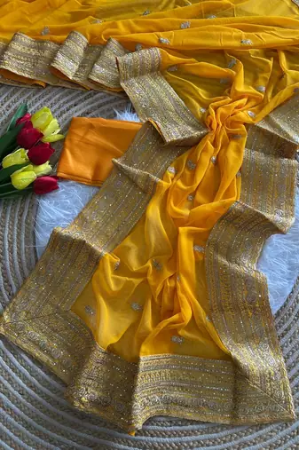 Yellow Color Embroidery Sequins Work Georgette Saree