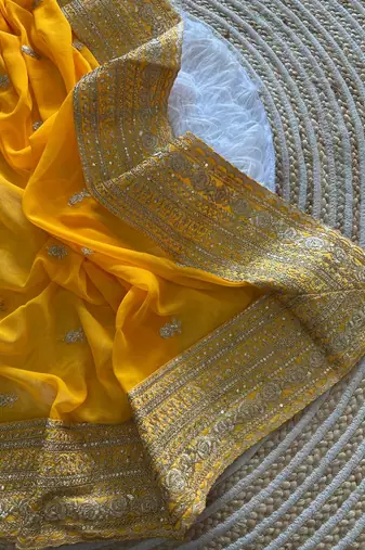 Yellow Color Embroidery Sequins Work Georgette Saree