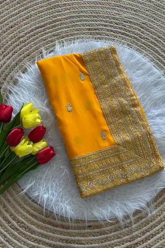 Yellow Color Embroidery Sequins Work Georgette Saree