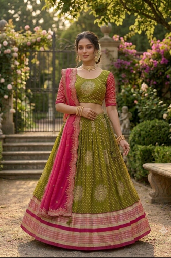 Festive Olive Green  Pink Designer Lehenga Choli Scalloped Border Dupatta