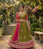 Festive Olive Green  Pink Designer Lehenga Choli Scalloped Border Dupatta