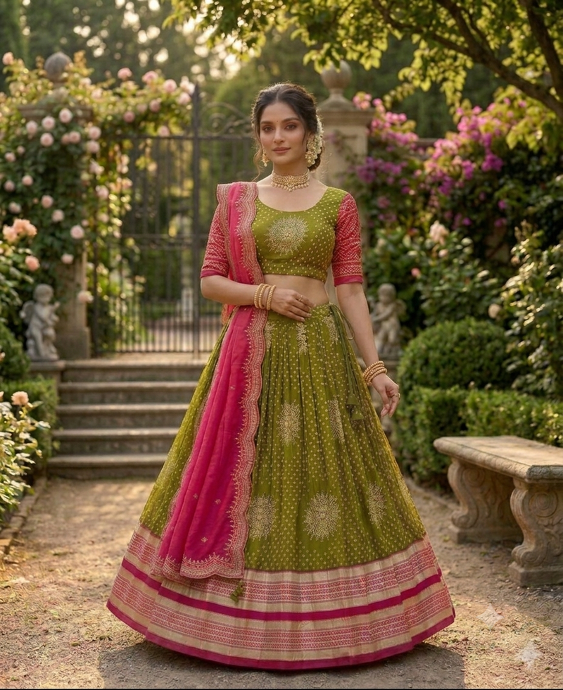 Festive Olive Green  Pink Designer Lehenga Choli Scalloped Border Dupatta