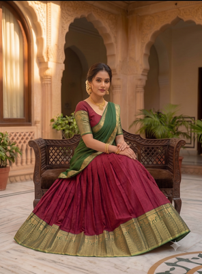  Wine and Bottle Green Traditional silk blend Lehenga Set with Rich Zari Border 2