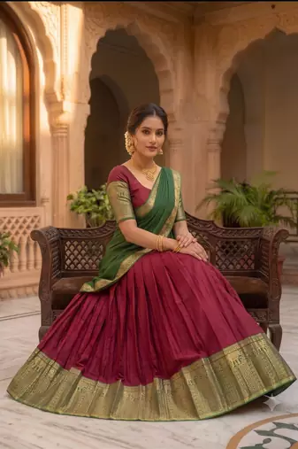  Wine and Bottle Green Traditional Silk Lehenga Set with Rich Zari Border