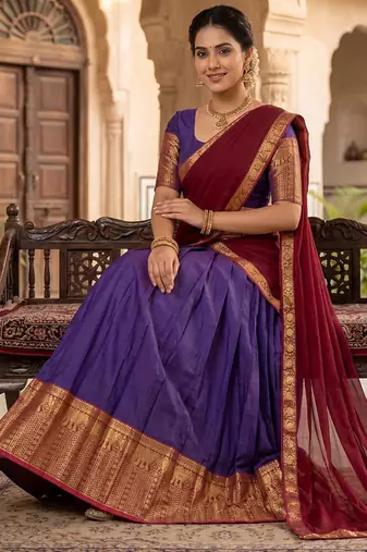 Royal Purple and Maroon Ethnic Silk Lehenga Set Featuring Traditional Gold Zari Detailing