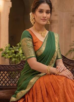 Vibrant Orange and Green Traditional silk blend Lehenga Set with Intricate Zari Weaving 2
