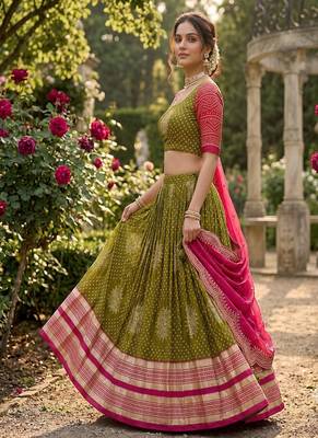 Festive Olive Green Pink Lehenga Choli Scalloped Border Dupatta 2