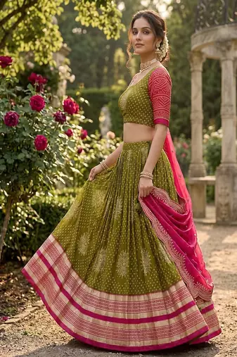 Festive Olive Green Pink Designer Lehenga Choli Scalloped Border Dupatta