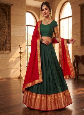 Deep Green silk blend Lehenga Set with Contrast Red Dupatta and Ornate Gold Zari Border 1